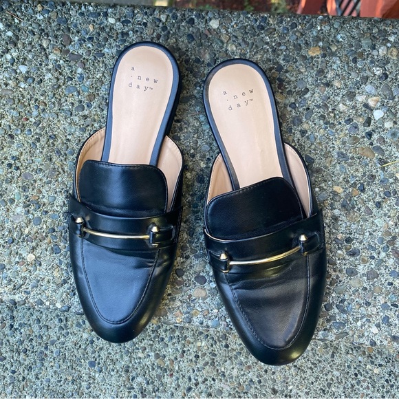 Black loafer flats with gold bar and stud detailing - Picture 3 of 5